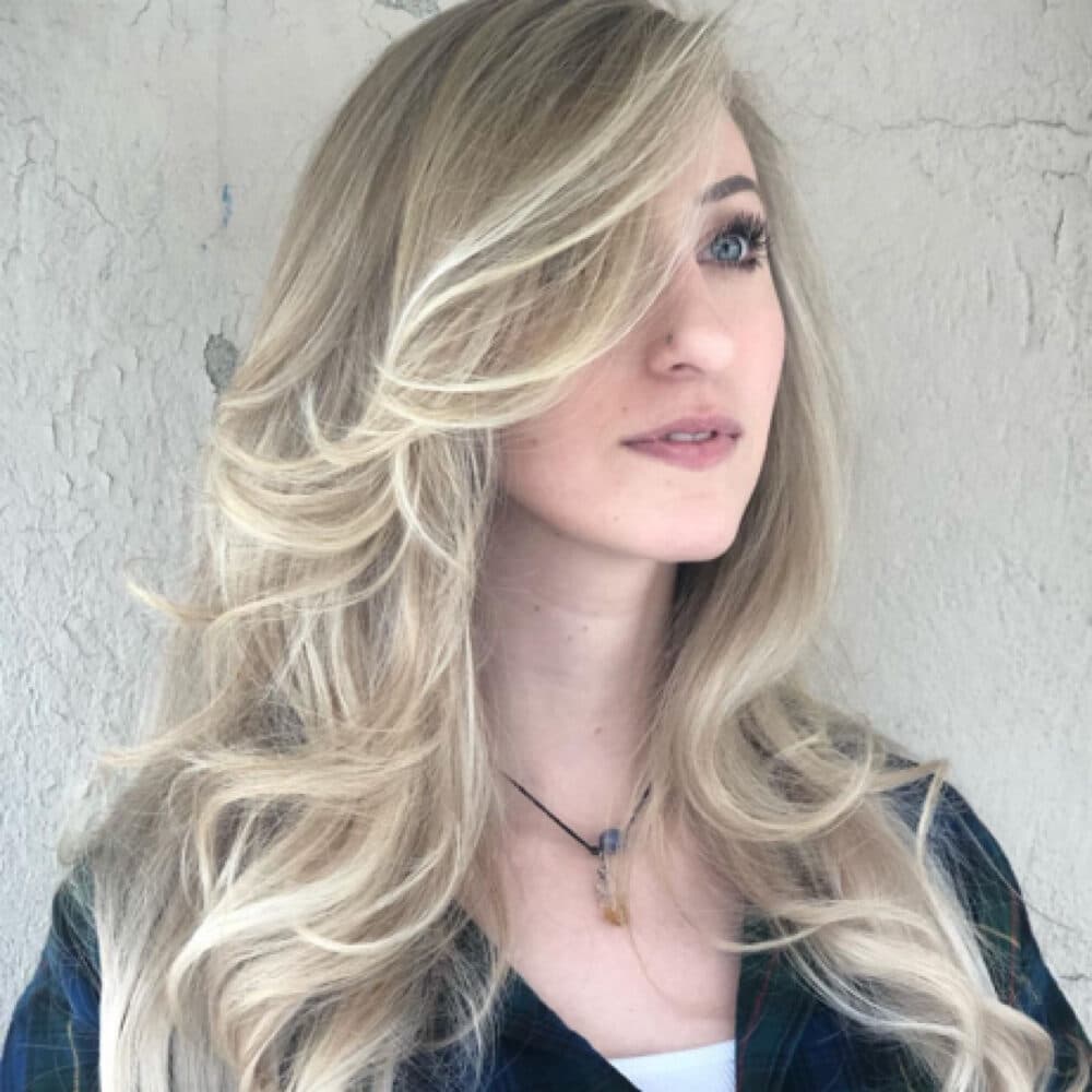 Icy blonde long layers — hair by Alchemy Loft