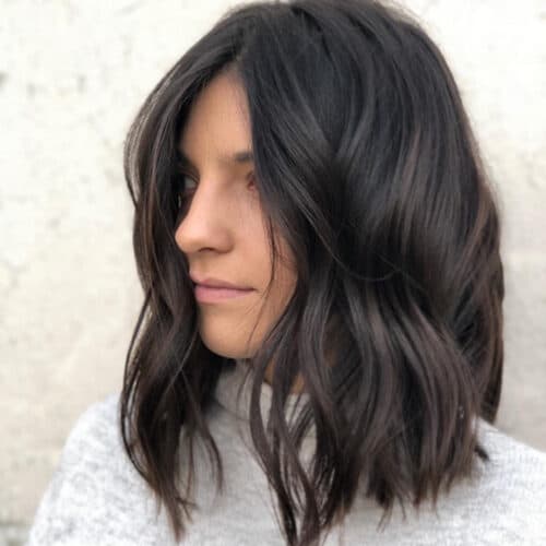 Dark brunette lob with soft waves — hair by Alchemy Loft