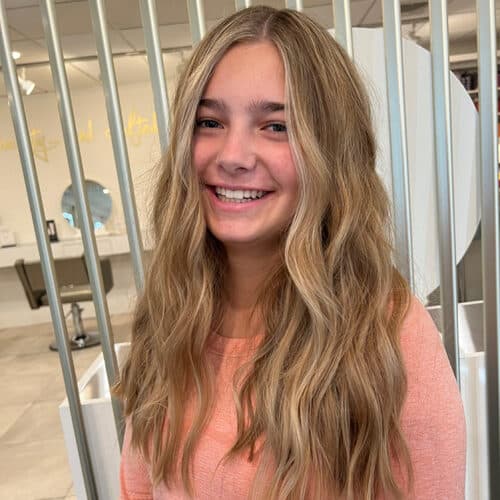 Golden blonde long waves — hair by Alchemy Loft