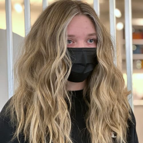Sandy blonde long waves — hair by Alchemy Loft