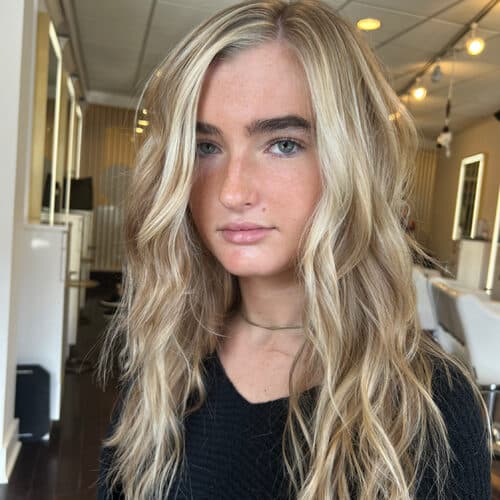 Icy blonde long waves — hair by Alchemy Loft